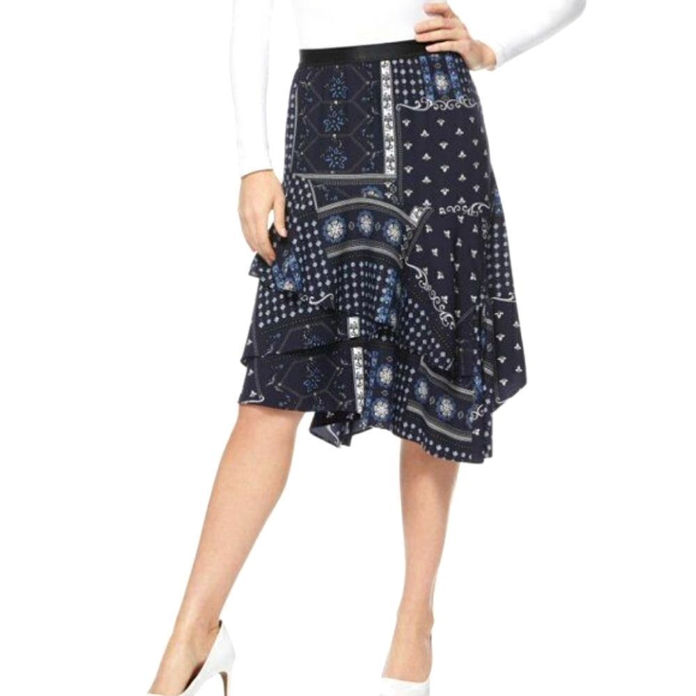 Asymmetrical Navy Blue Printed Ruffle Skirt